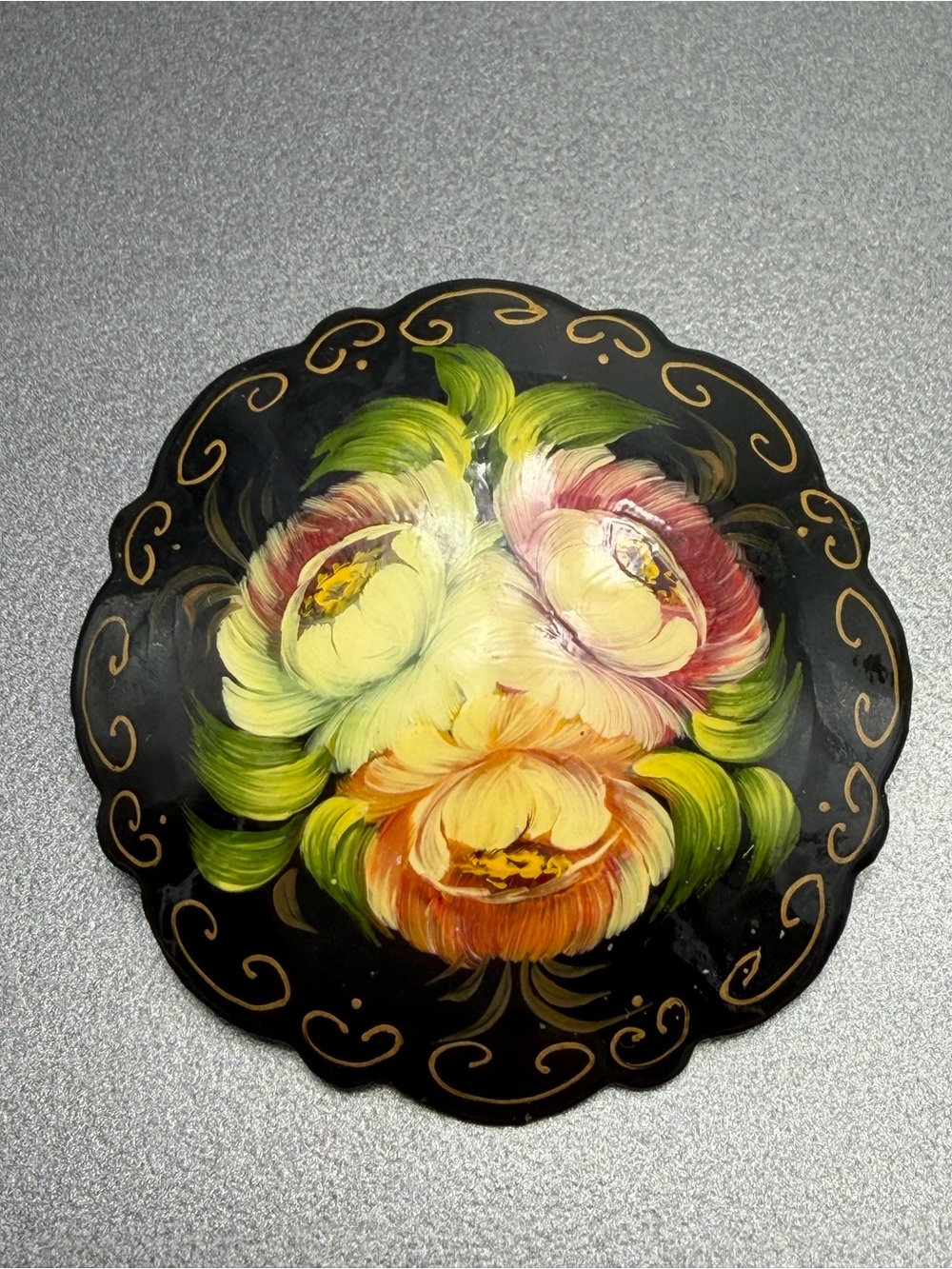 Painted Floral Lacquer Brooch Vintage Russian Lacquer #cz72